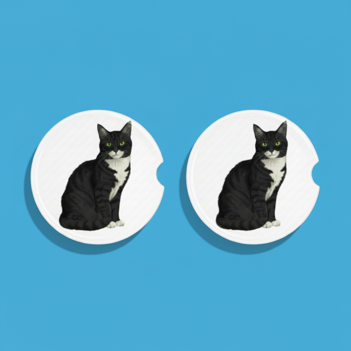 Tabby Cat Black Shorthair Watercolor Style – Ceramic Car Coasters - Designs by Mysh