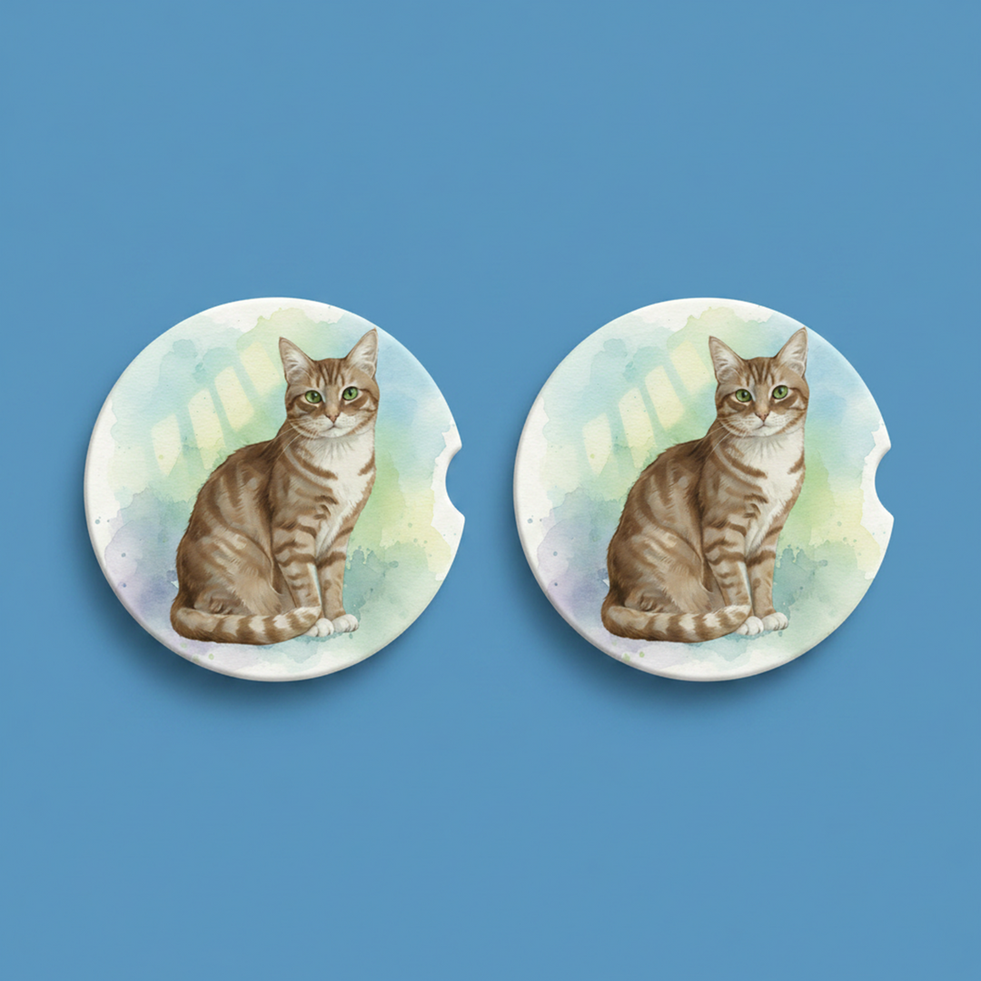 Tabby Cat Brown Shorthair Watercolor Style – Ceramic Car Coasters - Designs by Mysh
