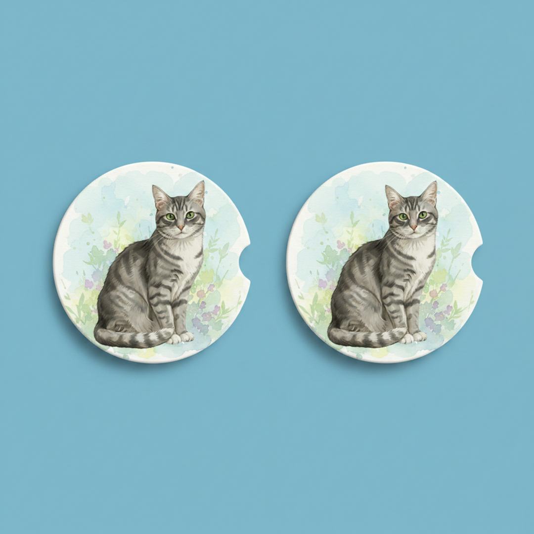 Tabby Cat Gray Shorthair Watercolor Style – Ceramic Car Coasters - Designs by Mysh