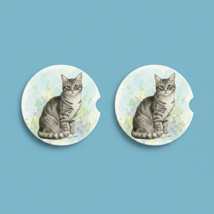 Tabby Cat Gray Shorthair Watercolor Style – Ceramic Car Coasters - Designs by Mysh