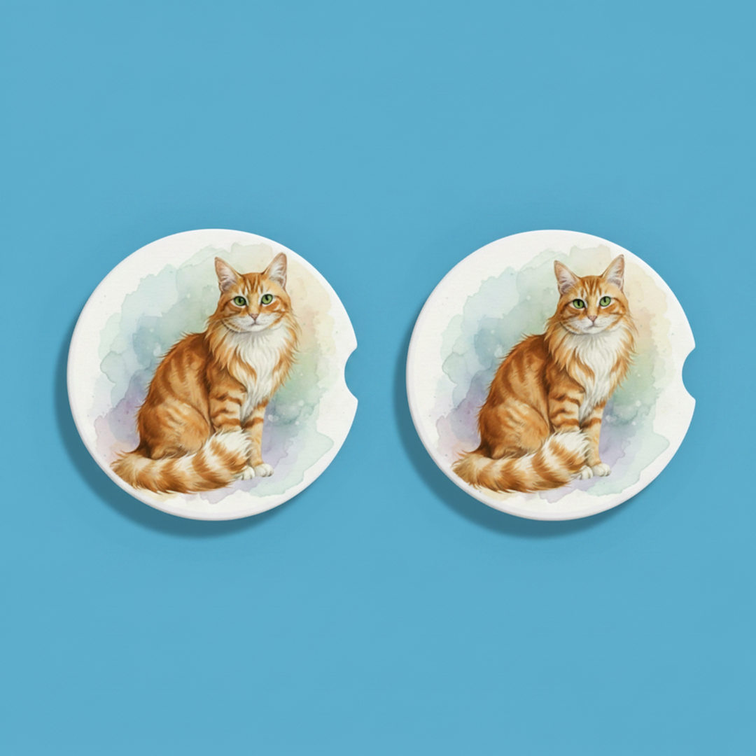 Tabby Cat Orange Longhair Watercolor Style – Ceramic Car Coasters - Designs by Mysh