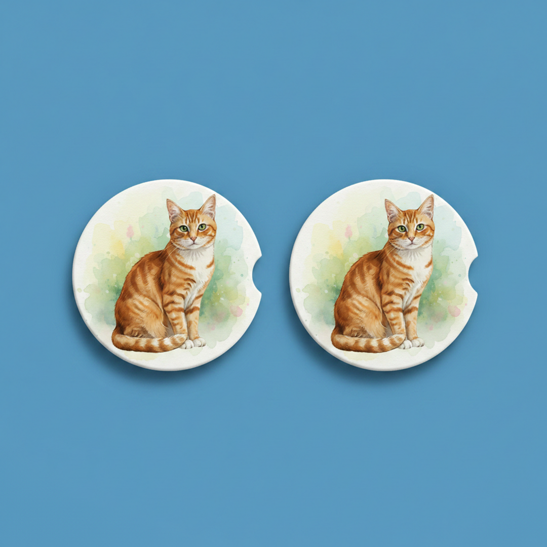 Tabby Cat Orange Shorthair Watercolor Style – Ceramic Car Coasters - Designs by Mysh