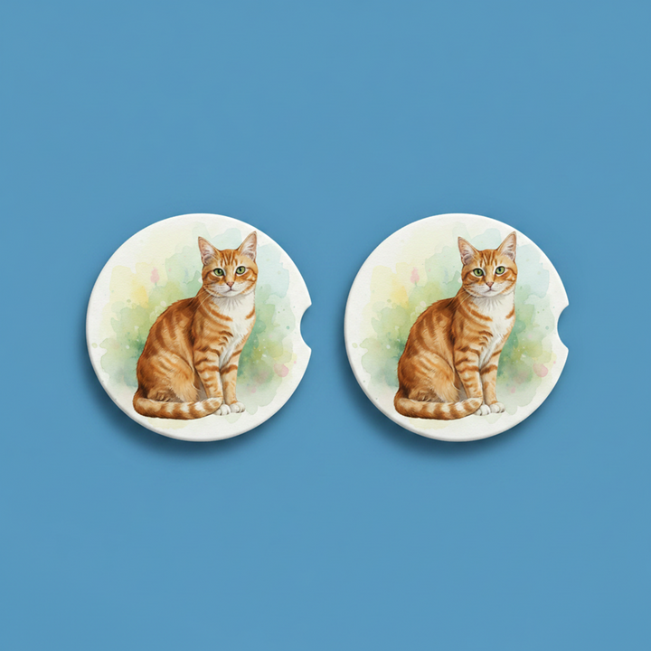 Tabby Cat Orange Shorthair Watercolor Style – Ceramic Car Coasters - Designs by Mysh