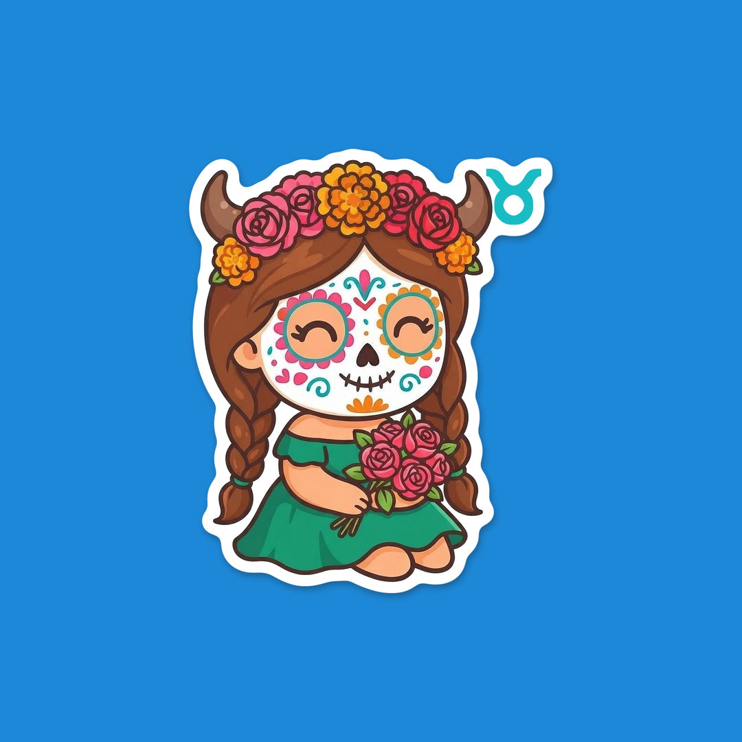 Kawaii Taurus zodiac sugar skull girl with a flower crown and the Taurus symbol Día de los Muertos vinyl sticker – Designs by Mysh