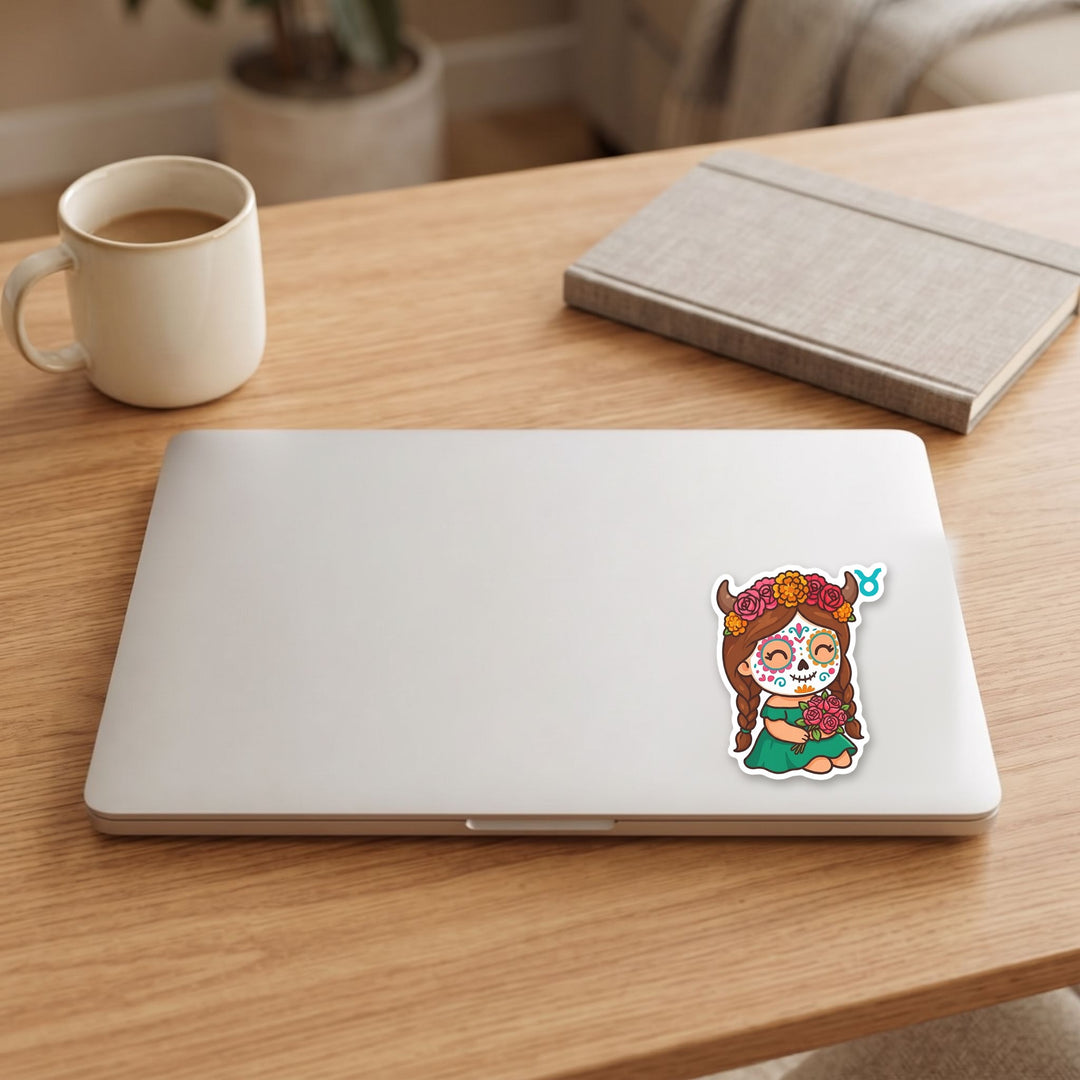 Taurus sugar skull girl vinyl sticker on a laptop lid – Designs by Mysh