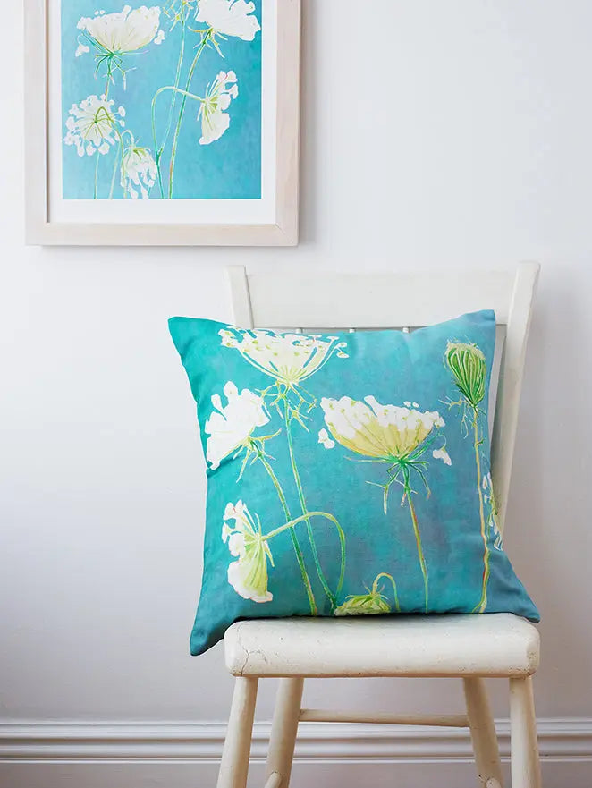 Throw Pillow: Queen Anne's Lace on Teal - Designs by Mysh