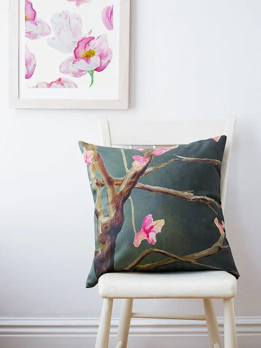 Throw Pillow: Tree with Pink Flowers on Dark Grey - Designs by Mysh