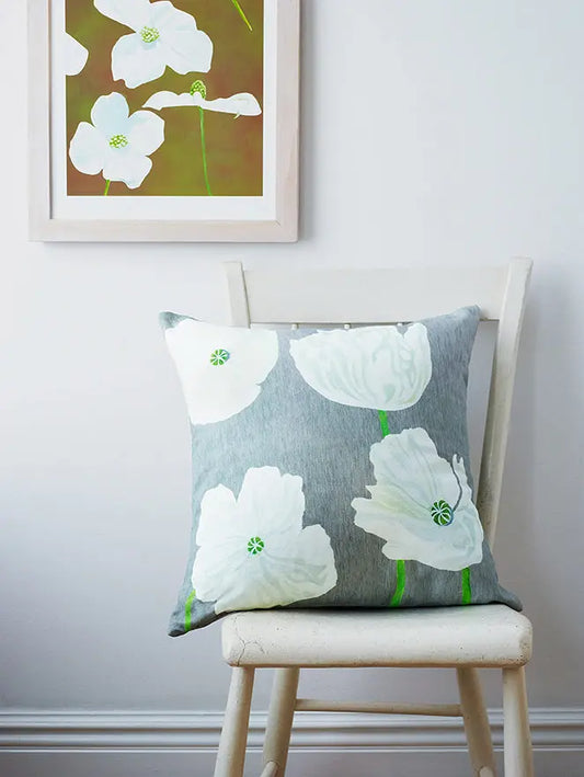 Throw Pillow: White Poppies on Grey - Designs by Mysh