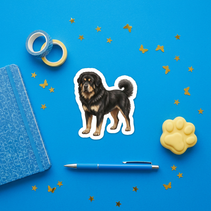 Tibetan Mastiff Black Tan Sticker brand flat lay - Designs by Mysh