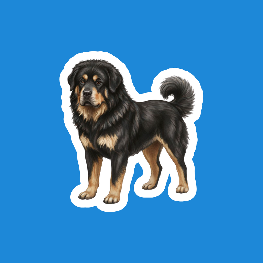 Dog sticker of a black and brown dog on a blue background