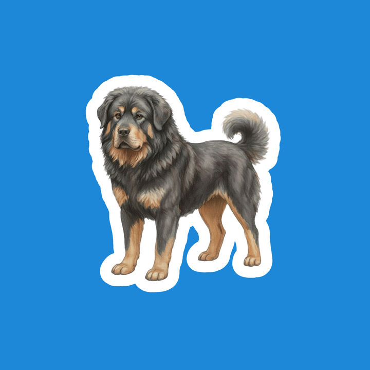Tibetan Mastiff blue gray and tan watercolor vinyl sticker art on blue background - Designs by Mysh