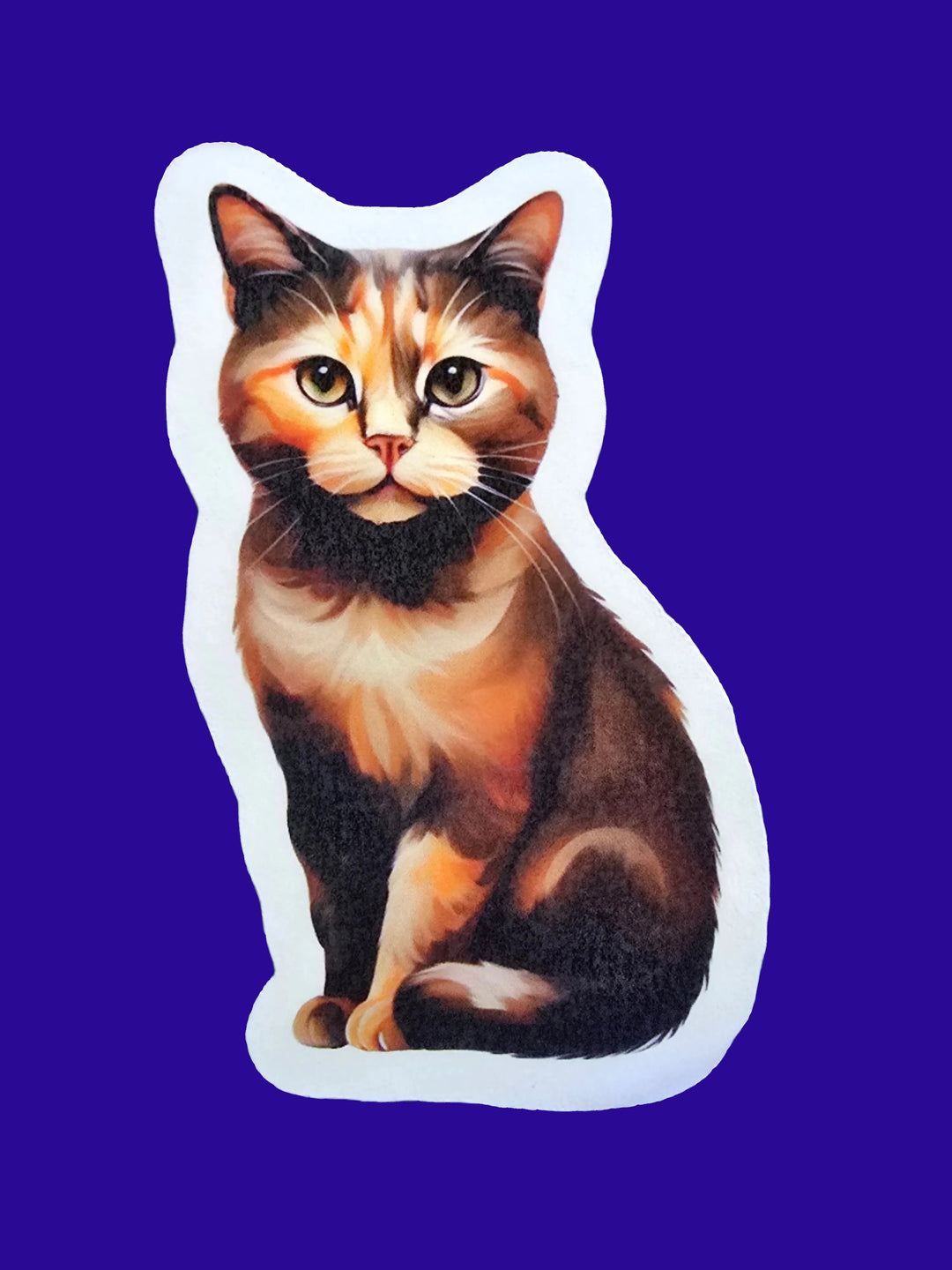 Cat-shaped sticker on a blue textured background