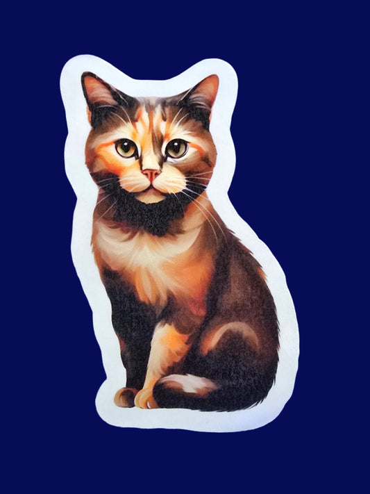 Cat-shaped sticker on a blue textured background