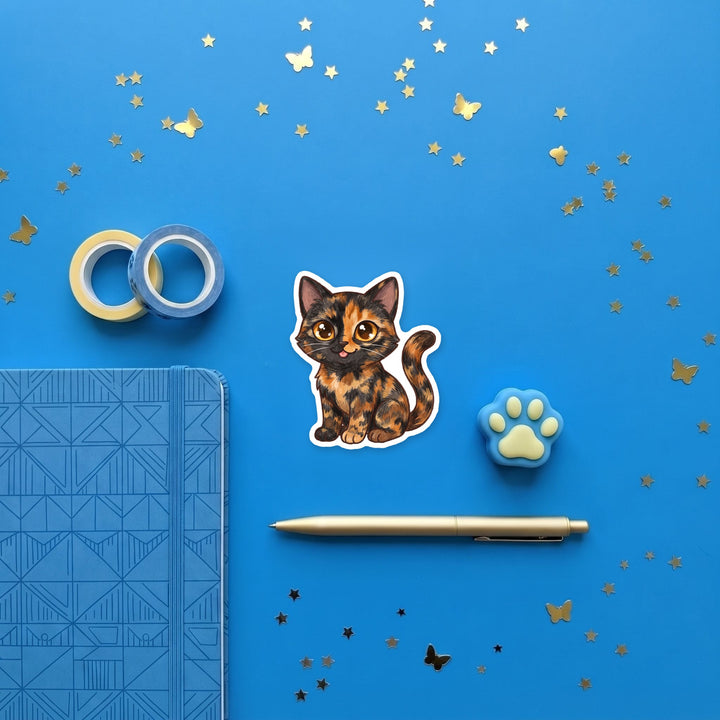 Tortoiseshell Cat kawaii magnet flat lay with stationery – Designs by Mysh