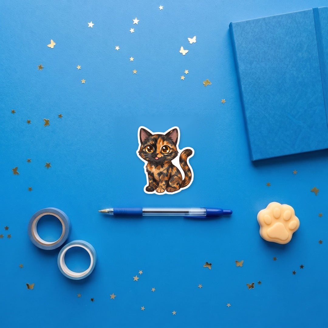Tortoiseshell Cat kawaii sticker flat lay with stationery – Designs by Mysh