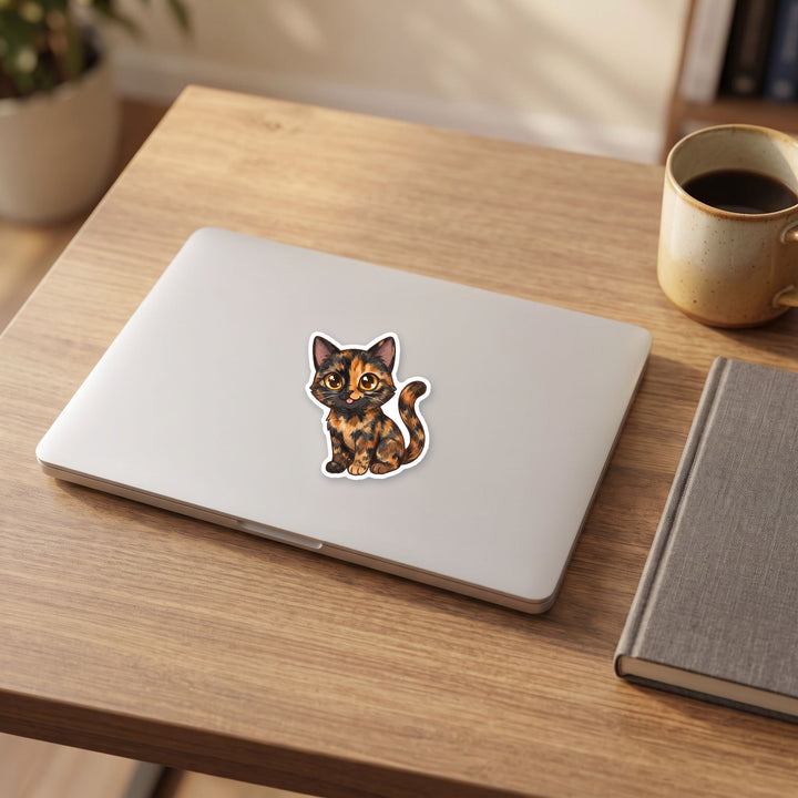Tortoiseshell Cat kawaii sticker on a laptop – Designs by Mysh
