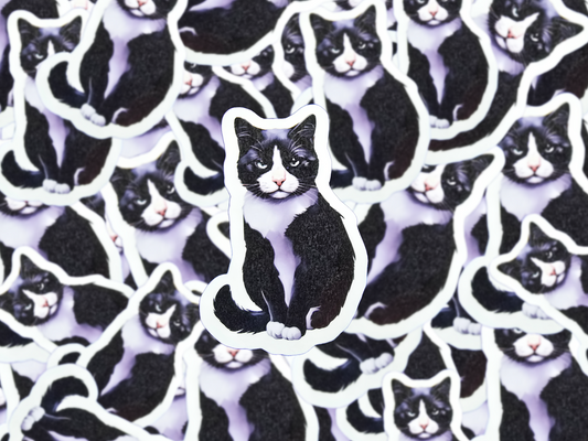 Tuxedo Cat Sticker, Black and White Cat Vinyl Decal, Cat Lover Gift, Waterproof Sticker for Laptop, Water Bottle, or Journal