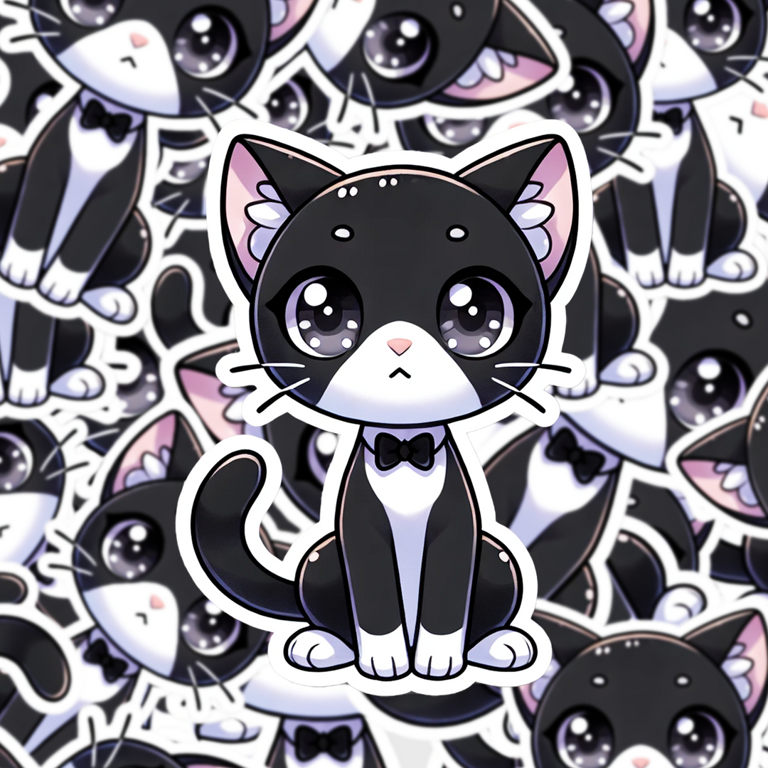 Tuxedo Cat Sticker, Cute Black and White Cat Decal, Cartoon Vinyl Sticker, Gift for Cat Lovers, Laptop Water Bottle Planner Decor - Designs by Mysh