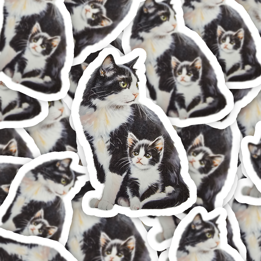 Tuxedo Short Hair Cat Sticker, Mama & Kitten Art, Cute Vinyl Cat Decal, Gift for Cat Moms, Laptop or Journal Decor - Designs by Mysh