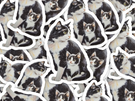 Tuxedo Short Hair Cat Sticker, Mama & Kitten Art, Cute Vinyl Cat Decal, Gift for Cat Moms, Laptop or Journal Decor