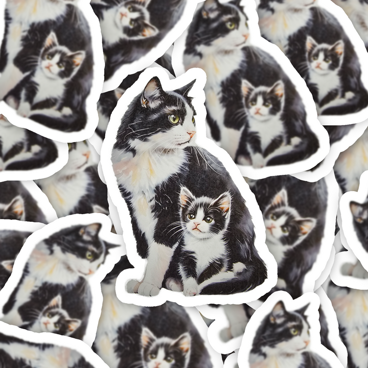 Tuxedo Short Hair Cat Sticker, Mama & Kitten Art, Cute Vinyl Cat Decal, Gift for Cat Moms, Laptop or Journal Decor - Designs by Mysh