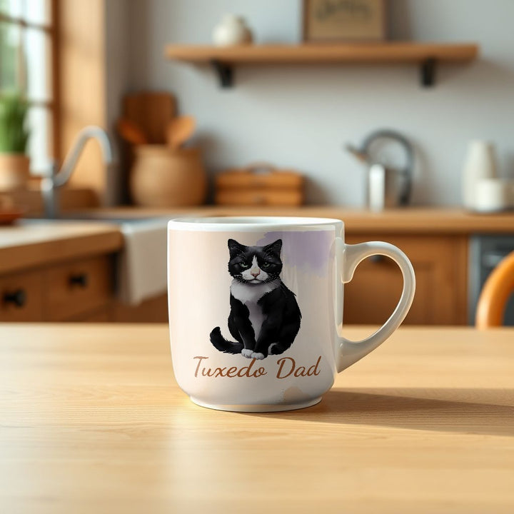 Tuxedo Dad watercolor Tuxedo cat mug on a kitchen table - Designs by Mysh