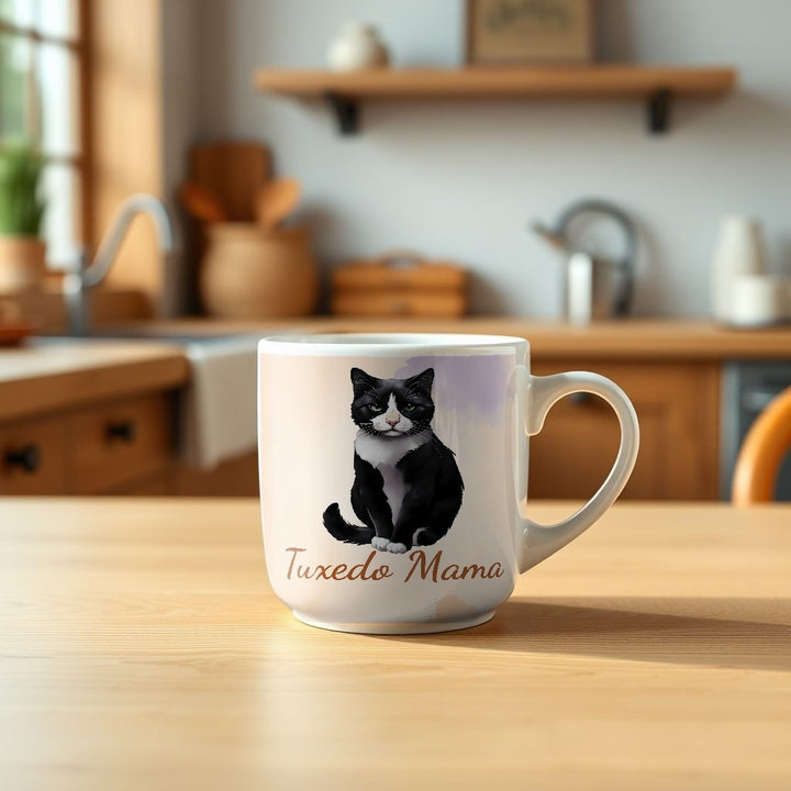 Tuxedo Mama watercolor Tuxedo cat mug on a kitchen table - Designs by Mysh