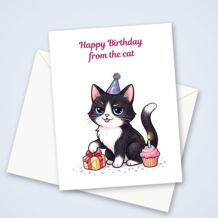 Cat birthday greeting card with a kawaii black and white tuxedo cat in a party hat and the words Happy Birthday from the cat, shown with a white envelope
