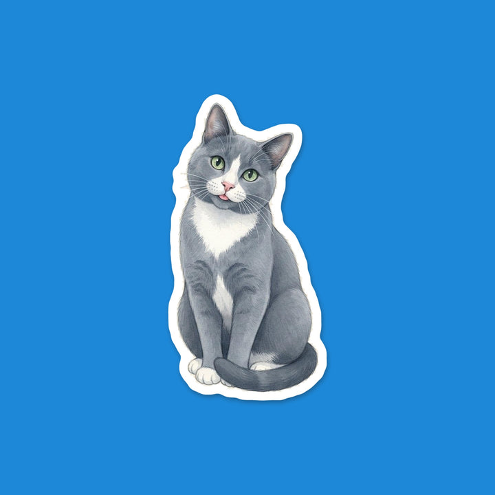 Grey and white short hair tuxedo cat with green eyes and a blep watercolor flexible fridge magnet – Designs by Mysh