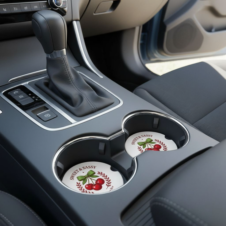 Sweet &amp; Sassy Cherry Ceramic Car Coaster Set – 2.56" Absorbent Coasters with Retro Fruit Design | Set of 2 - Designs by Mysh