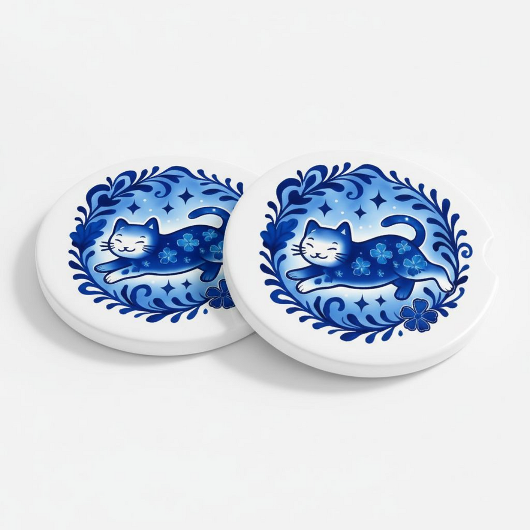 Set of two ceramic car coasters featuring a smiling blue cat surrounded by blue floral vines and stars, with a side notch for easy removal.