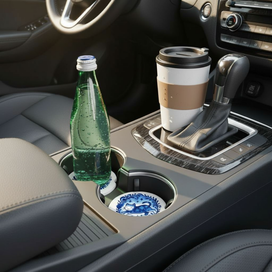 Blue Floral Cat Ceramic Car Coaster Set – 2.56" Decorative Car Accessories for Cat Lovers - Designs by Mysh