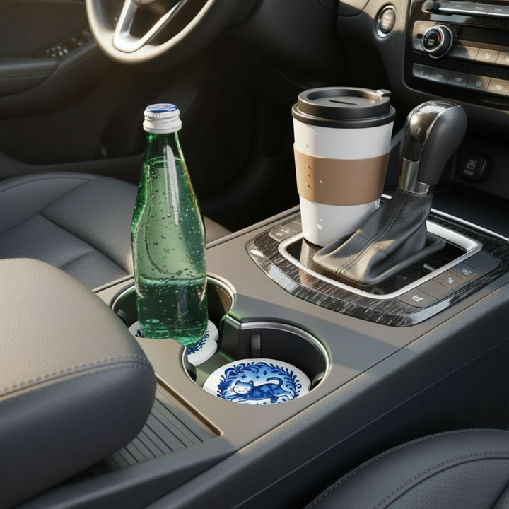 Blue Floral Cat Ceramic Car Coaster Set – 2.56" Decorative Car Accessories for Cat Lovers - Designs by Mysh