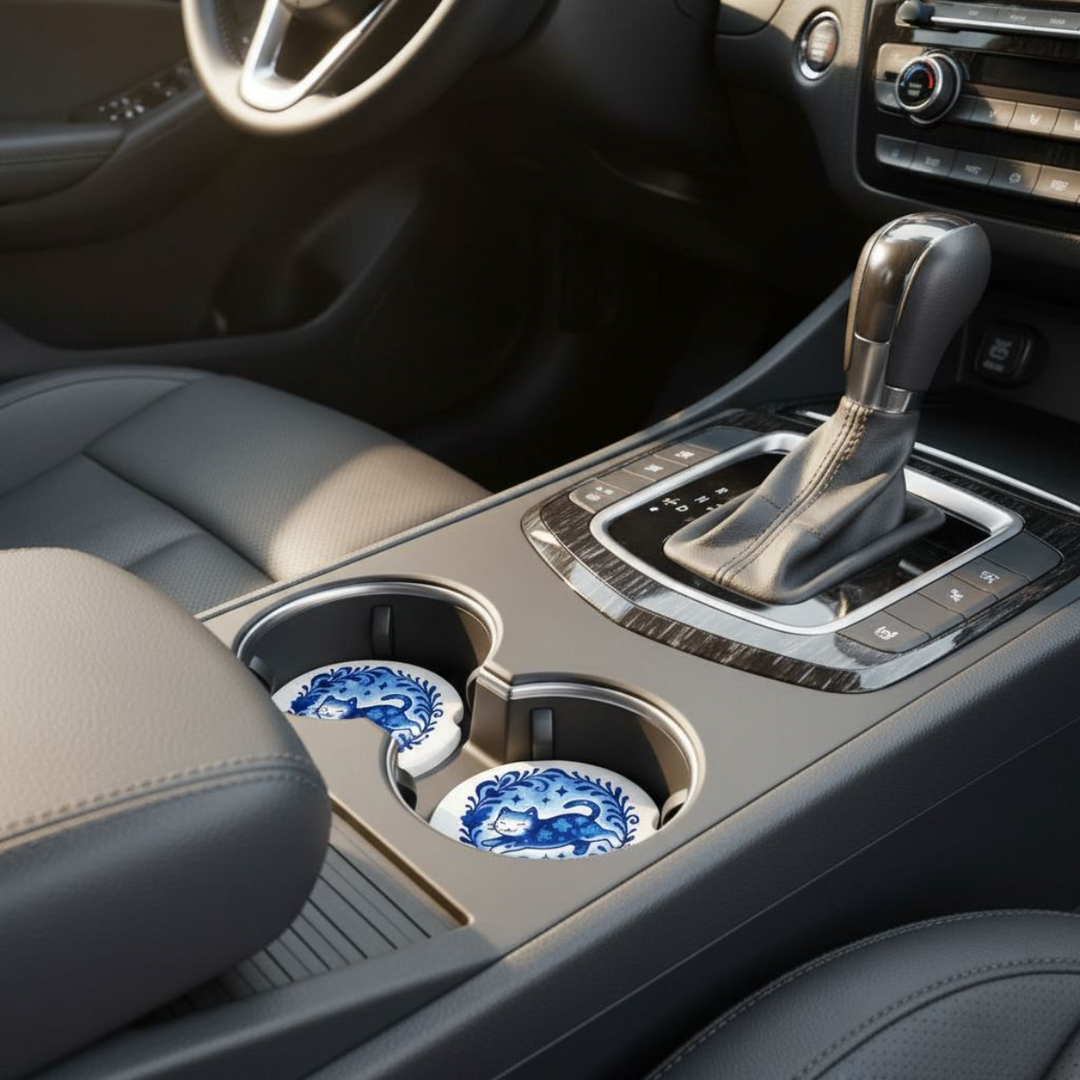 Blue Floral Cat Ceramic Car Coaster Set – 2.56" Decorative Car Accessories for Cat Lovers - Designs by Mysh