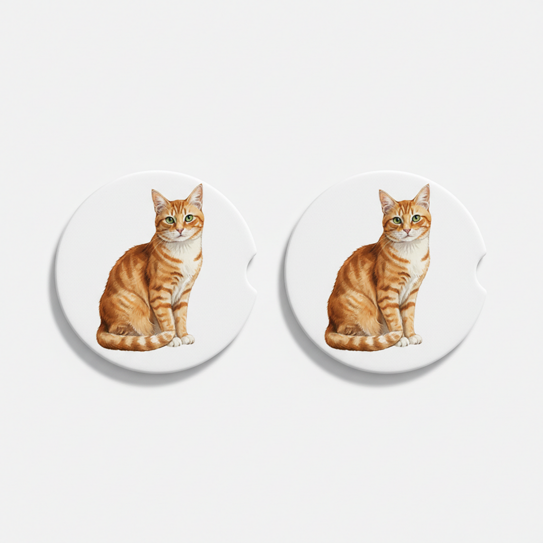 Tabby Cat Watercolor Style – Ceramic Car Coasters - Designs by Mysh