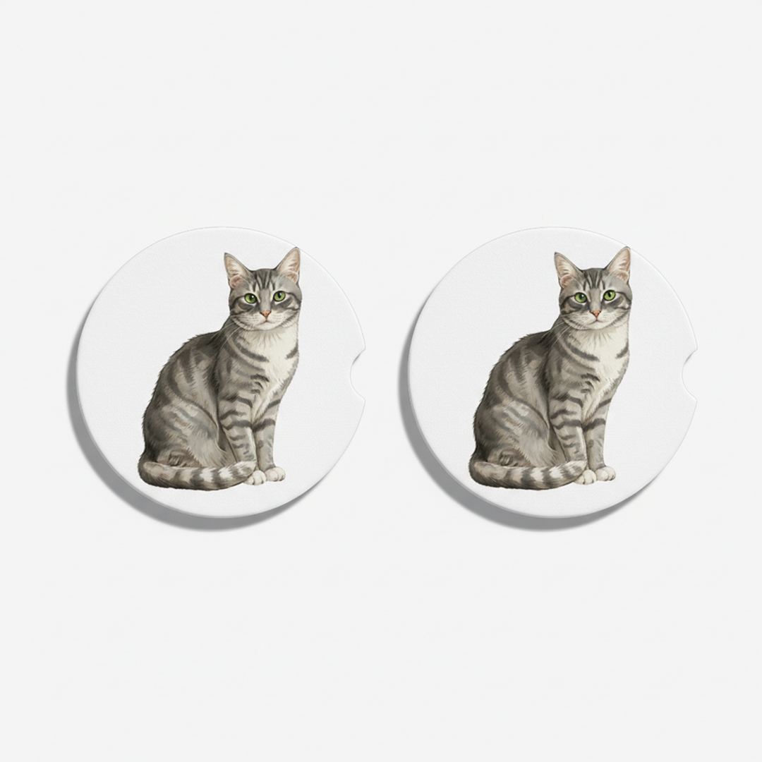 Tabby Cat Watercolor Style – Ceramic Car Coasters - Designs by Mysh