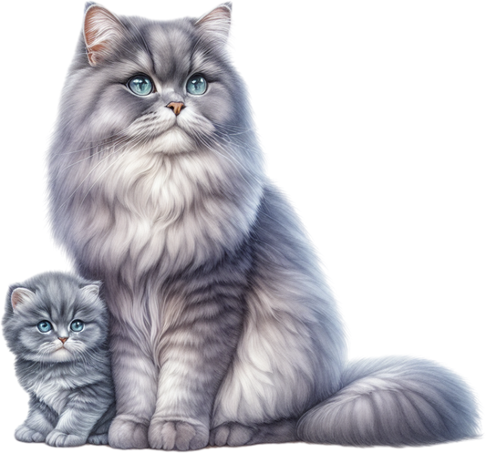 “Watercolor-style British Longhair cat and kitten sticker in shades of silver and gray with blue eyes, on a white background, vinyl finish.”