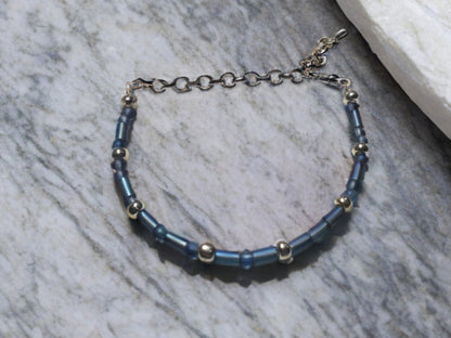 Morse code blue glass bead bracelet