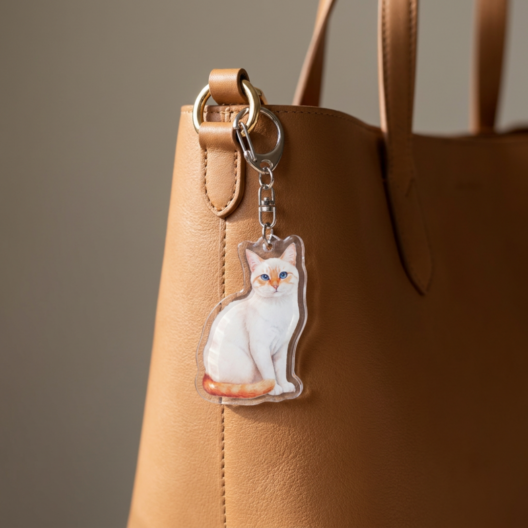 Flame point Siamese cat acrylic keychain clipped to a leather bag strap