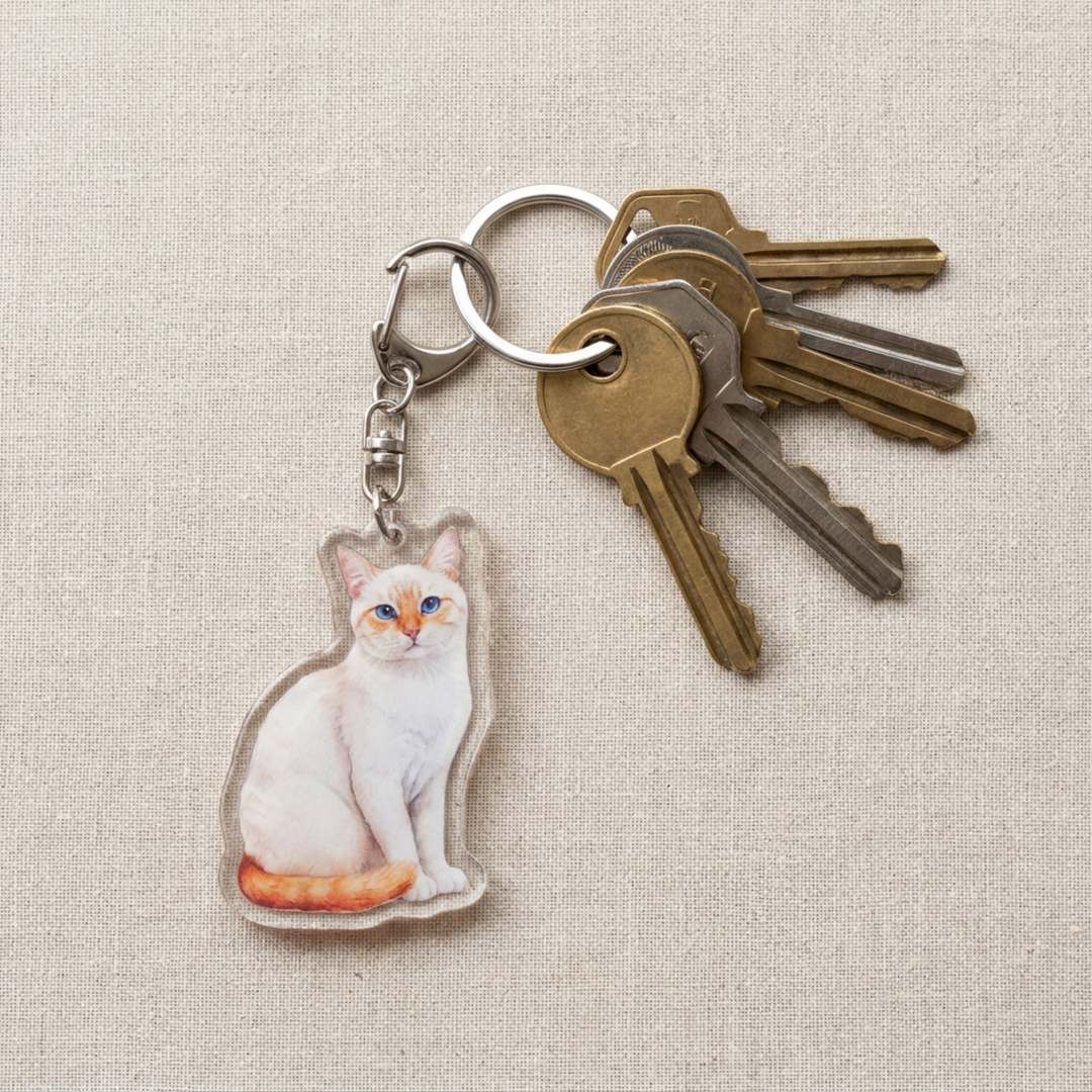 Flame point Siamese cat acrylic keychain attached to a keyring with house keys