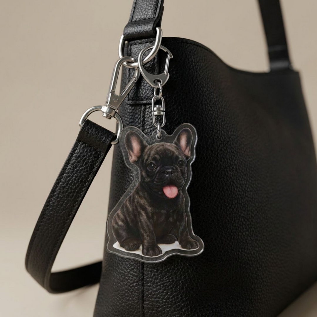 A close-up of a black textured handbag with a silver clasp holding a custom acrylic keychain shaped like a black French Bulldog puppy with its tongue out.