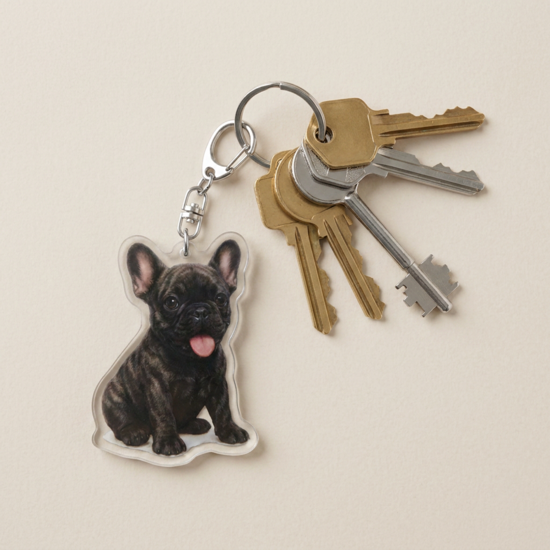 A keychain featuring a die-cut acrylic charm of a black French Bulldog puppy with its tongue out, attached to a split ring holding several keys on a light beige background.