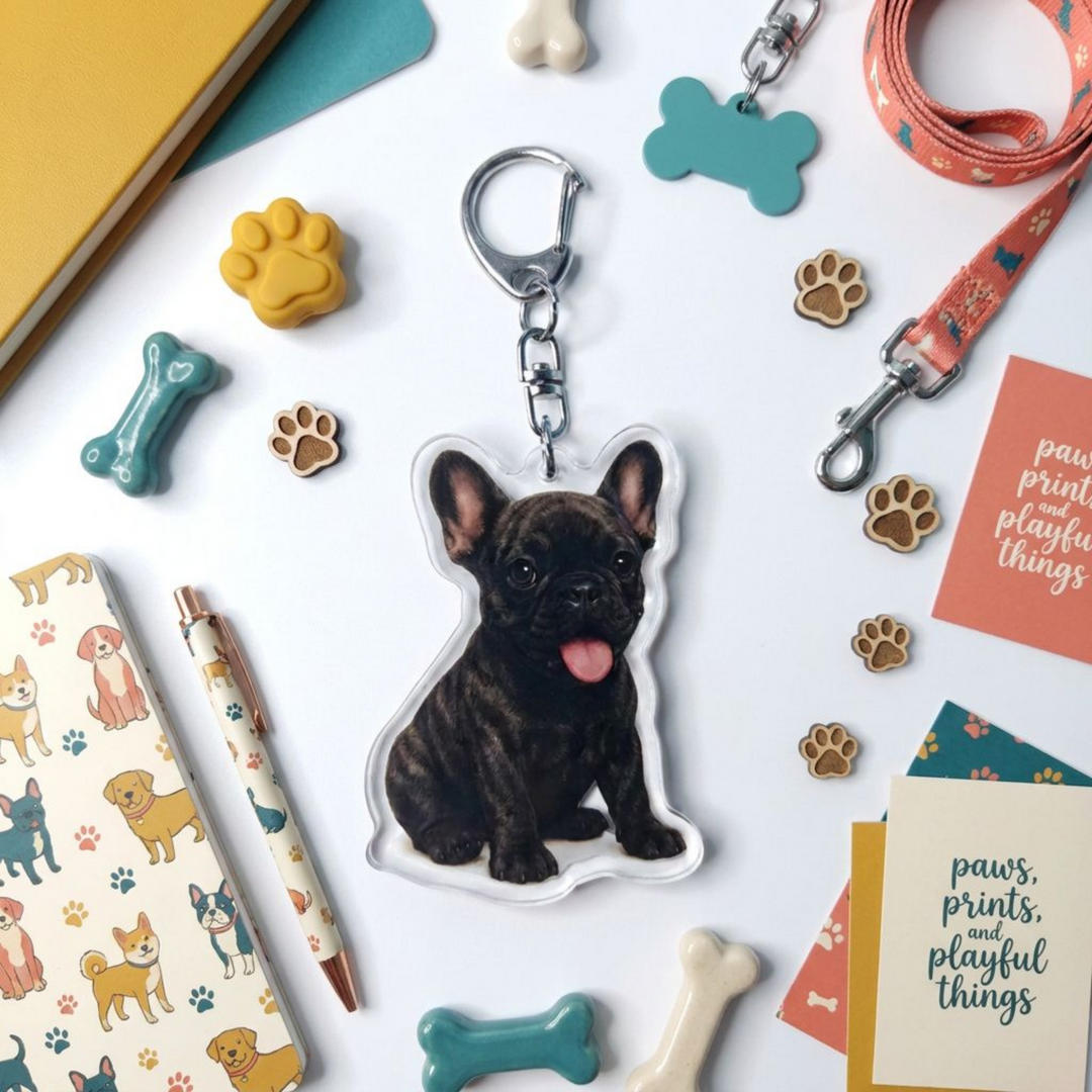 A custom acrylic keychain featuring a photo of a black French Bulldog, displayed on a white surface surrounded by dog-themed stationery and accessories.