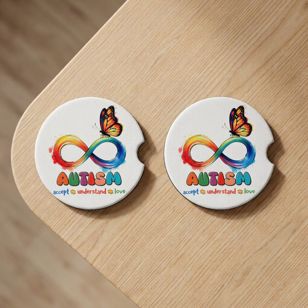 Autism Acceptance Ceramic Car Coaster Set - styled in car cup holder - Designs by Mysh