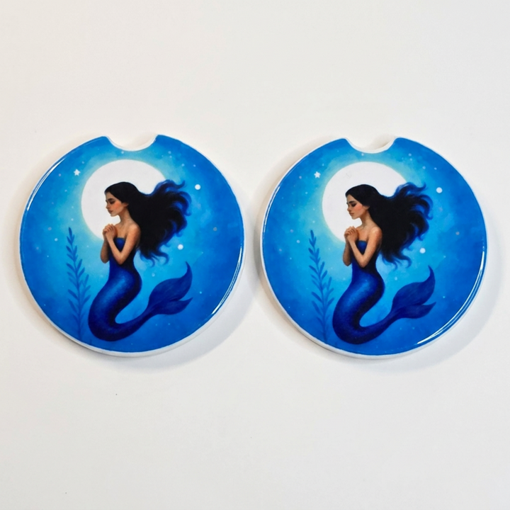 Blue Mermaid Ceramic Car Coaster Set - design detail - Designs by Mysh