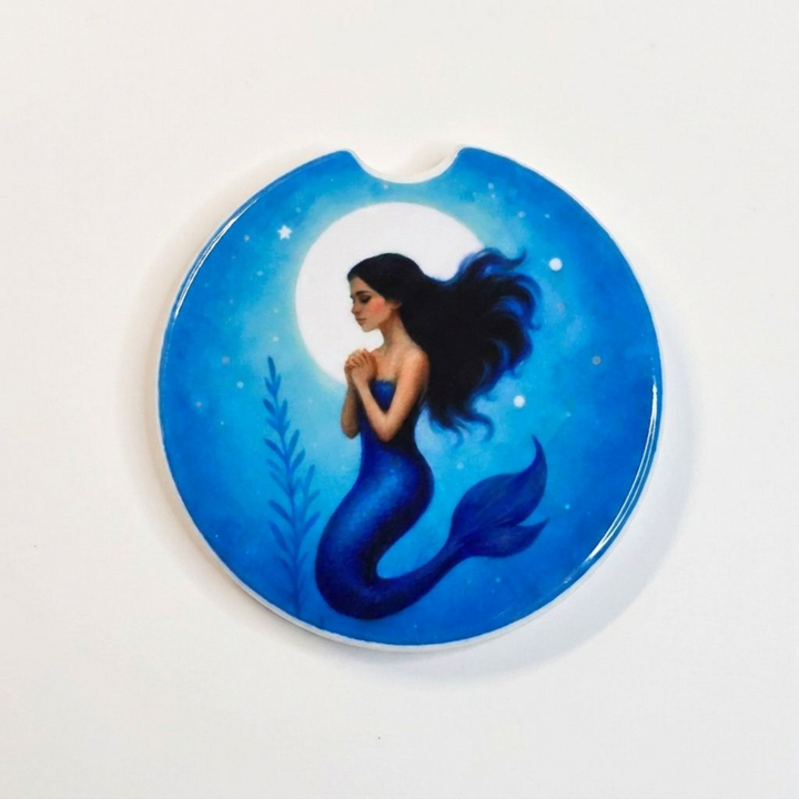 Blue Mermaid Ceramic Car Coaster Set - single coaster detail - Designs by Mysh