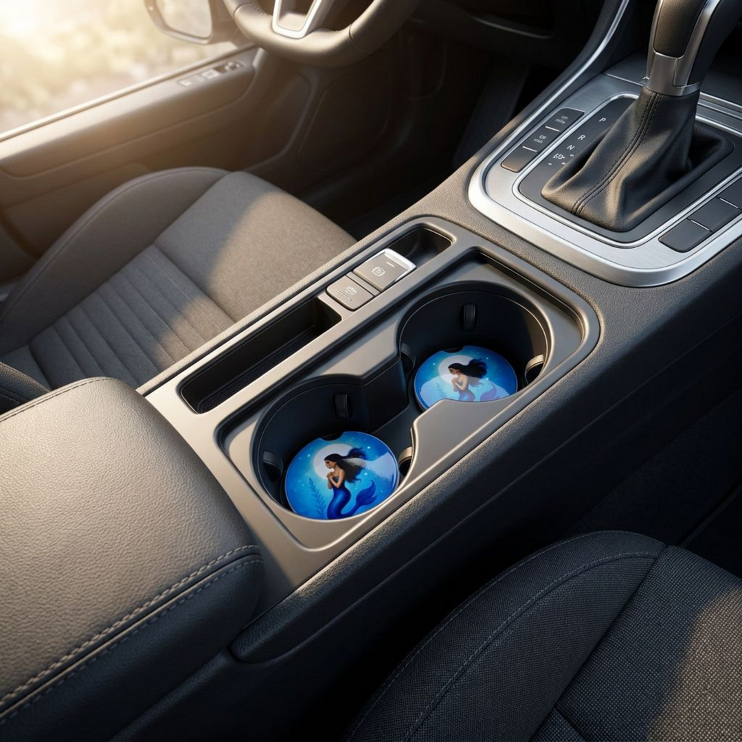 Blue Mermaid Ceramic Car Coaster Set - styled in car cup holder - Designs by Mysh