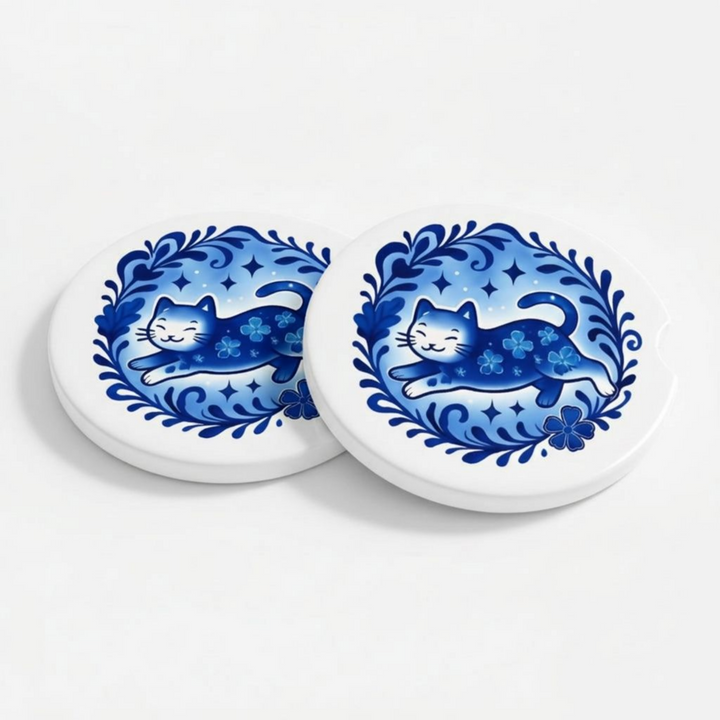 Blue Floral Cat Ceramic Car Coaster Set - floral cat design - Designs by Mysh