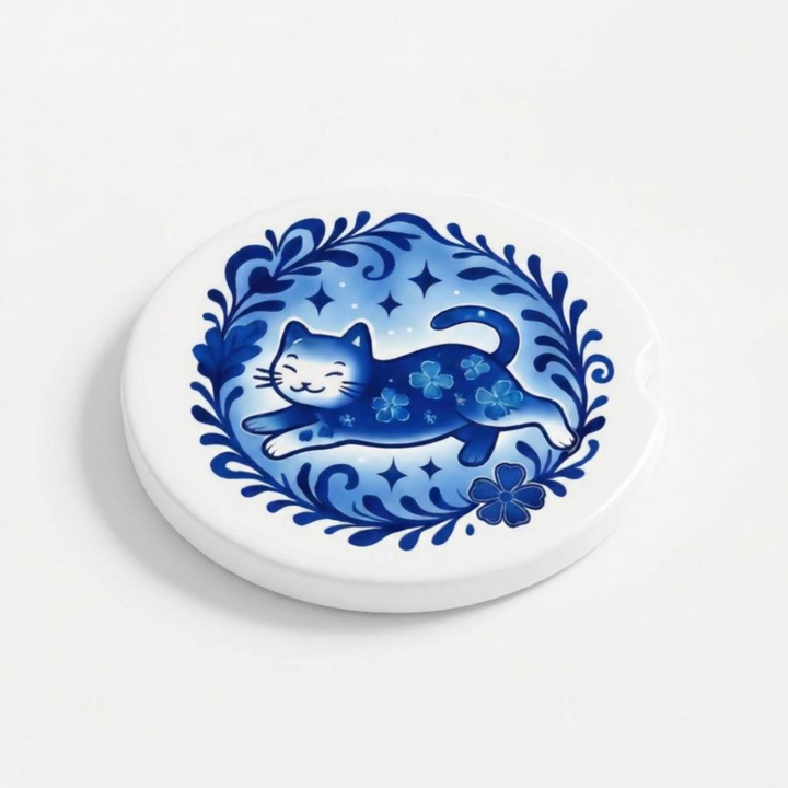 Blue Floral Cat Ceramic Car Coaster Set - single coaster detail - Designs by Mysh