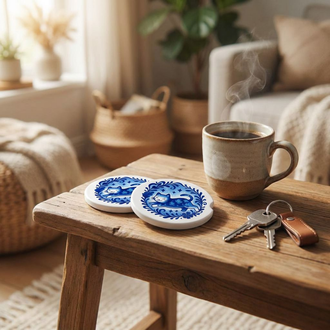 Blue Floral Cat Ceramic Car Coaster Set - styled in car cup holder - Designs by Mysh